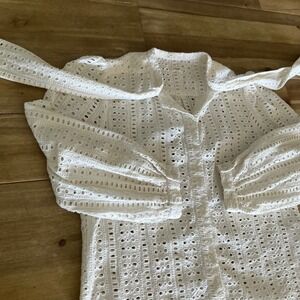 WARM White Eyelet Mystic Button Up Blouse Puff Sleeve Tie Neck Boho Cottagecore